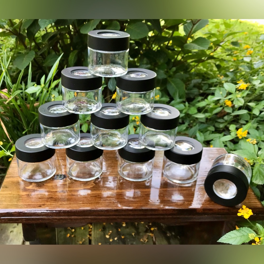 Lot 11 Glass Jars With Magnifying Top Lid Spices Herbs Crafts Beads Containers